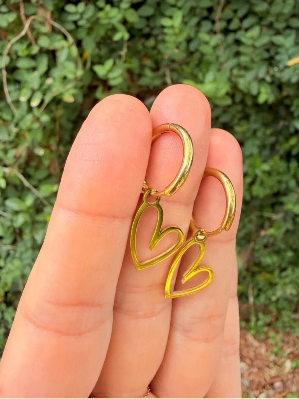 Gold Heart Hoop Drop Earrings - Stainless Steel